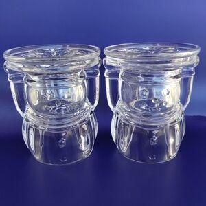 Pair of Clear Glass Snowman Candle Holders Pedestal Stands Winter Holiday Decor